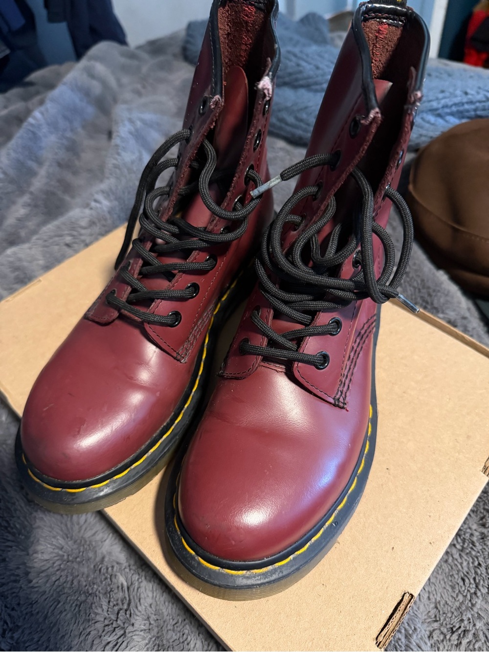 Dr. Martens burgundy Leather Combat Boots with Yellow Stitching